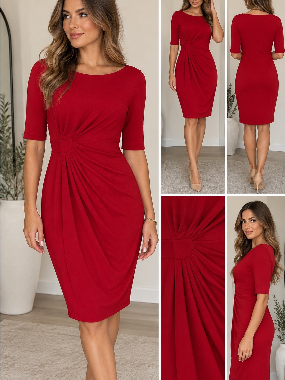 connected apparel Red Twist-Front Midi Dress